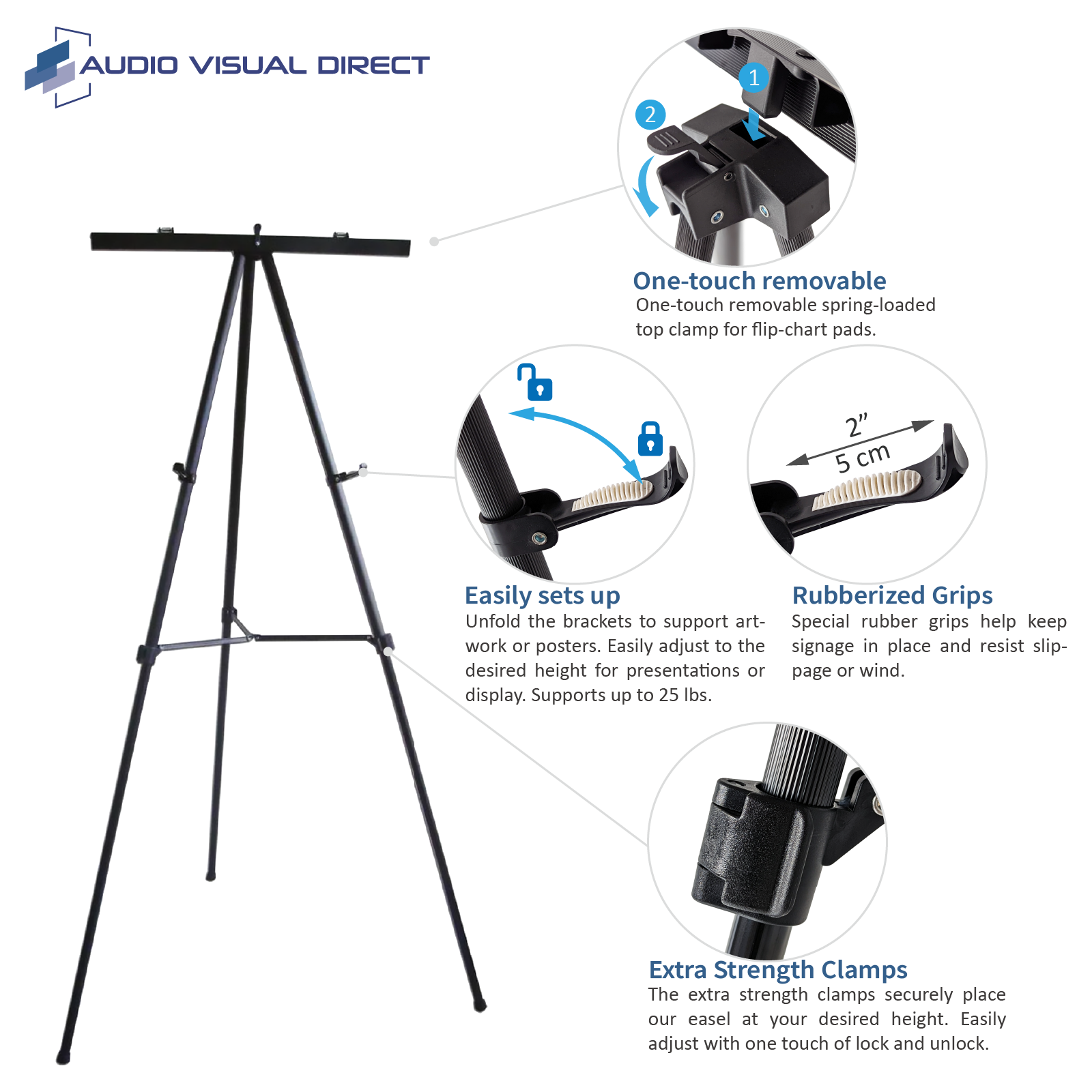 Info Graphic showing the one touch removable pad holder, adjustable art easels, rubberized grips, and extra strength clamps. 