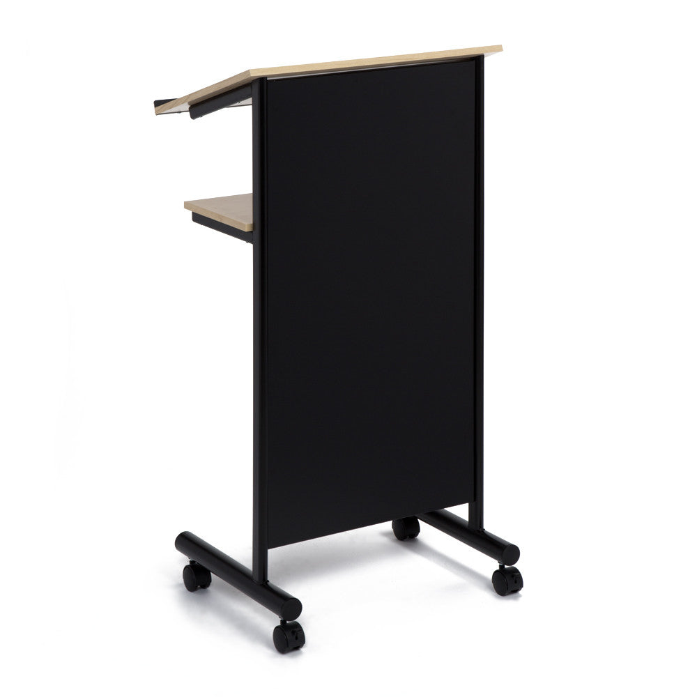 Wheeled Lectern with Storage Shelf - Beech/Black - Compact Standing Desk for Reading - Laptop Stand. Black magnetic back showing to display logos during presentations. 