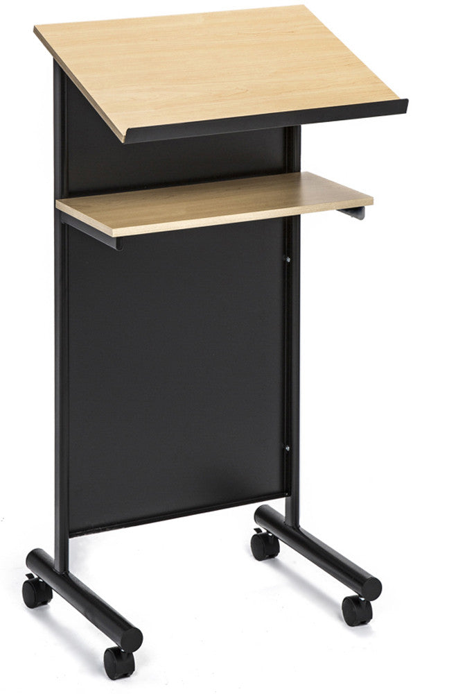 Wheeled Lectern with Storage Shelf - Beech/Black - Compact Standing Desk for Reading - Laptop Stand. With Locking wheels and 2 tier shelves. 