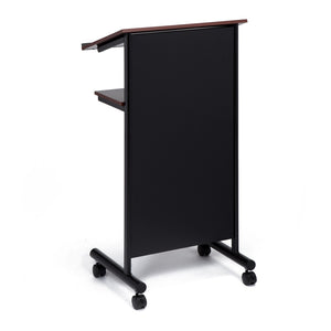 Wheeled Lectern with Storage Shelf - Cherry/Black - Compact Standing Desk for Reading - Laptop Stand. Showing magnetic metal back to display logos during presentations. 