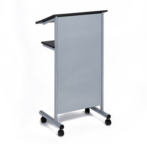 Audio-Visual Direct Wheeled Lectern with Storage Shelf - Silver/Black - Compact Standing Desk for Reading - Laptop Stand. Showing metal silver back to display logos during presentations. 
