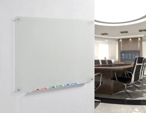 Frosted Glass Dry-Erase Board with Aluminum Marker Tray (Non-Magnetic). Wall Mounted in a office setting during a presentation . 