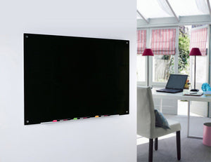 Magnetic Black Glass Dry-Erase Board Set - Includes Board, Magnets, and Marker Tray. Wall Mounted on a Bedroom Wall Dorm. 