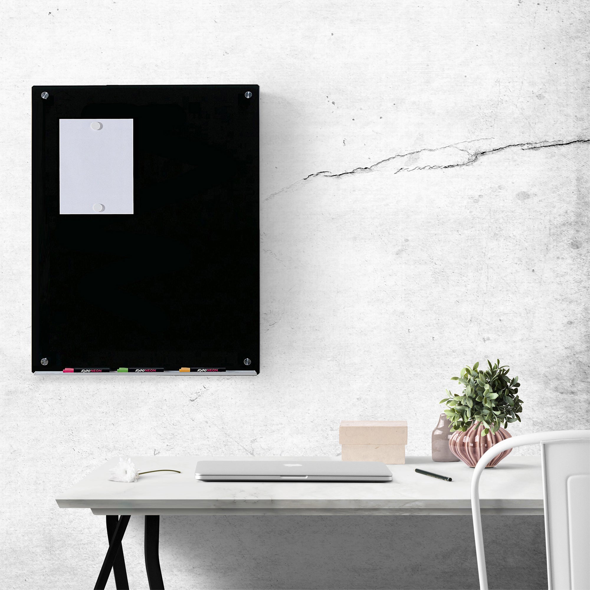 Wall Mounted Black Magnetic Audio-Visual Direct Glass board mounted in a home office. Includes 2 Neodymium Magnets holding a paper on the magnetic black surface. 