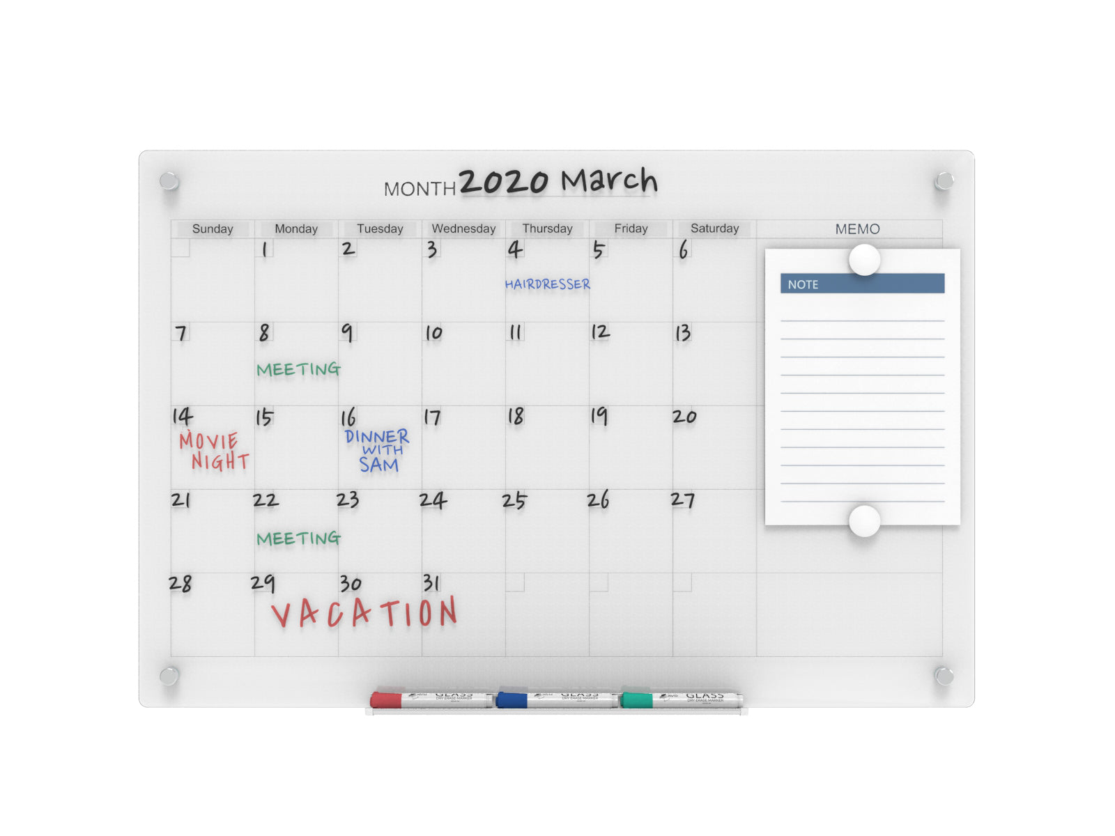 Audio-Visual Direct Wall Mounted Ultra White Magnetic 30 day Monthly Calendar Planner Glass Dry-Erase Board Set.