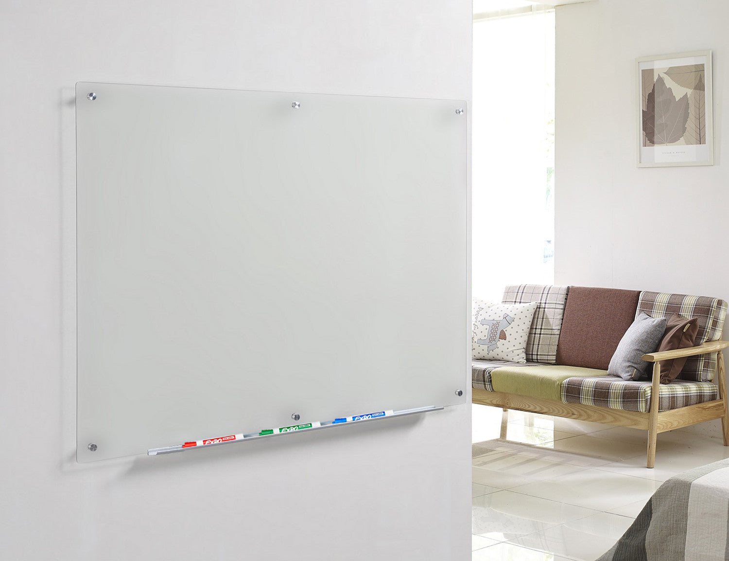 Frosted Glass Dry-Erase Board with Aluminum Marker Tray (Non-Magnetic). Home Office Décor. 