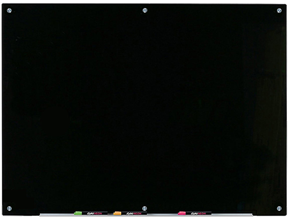 Magnetic Black Glass Dry-Erase Board Set - Includes Board, Magnets, and Marker Tray. 36" x 48" wall mounted black board .