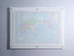 Frosted Glass Dry-Erase Board with Aluminum Marker Tray (Non-Magnetic). Wall Mounted with map behind it to show semi transparent properties 