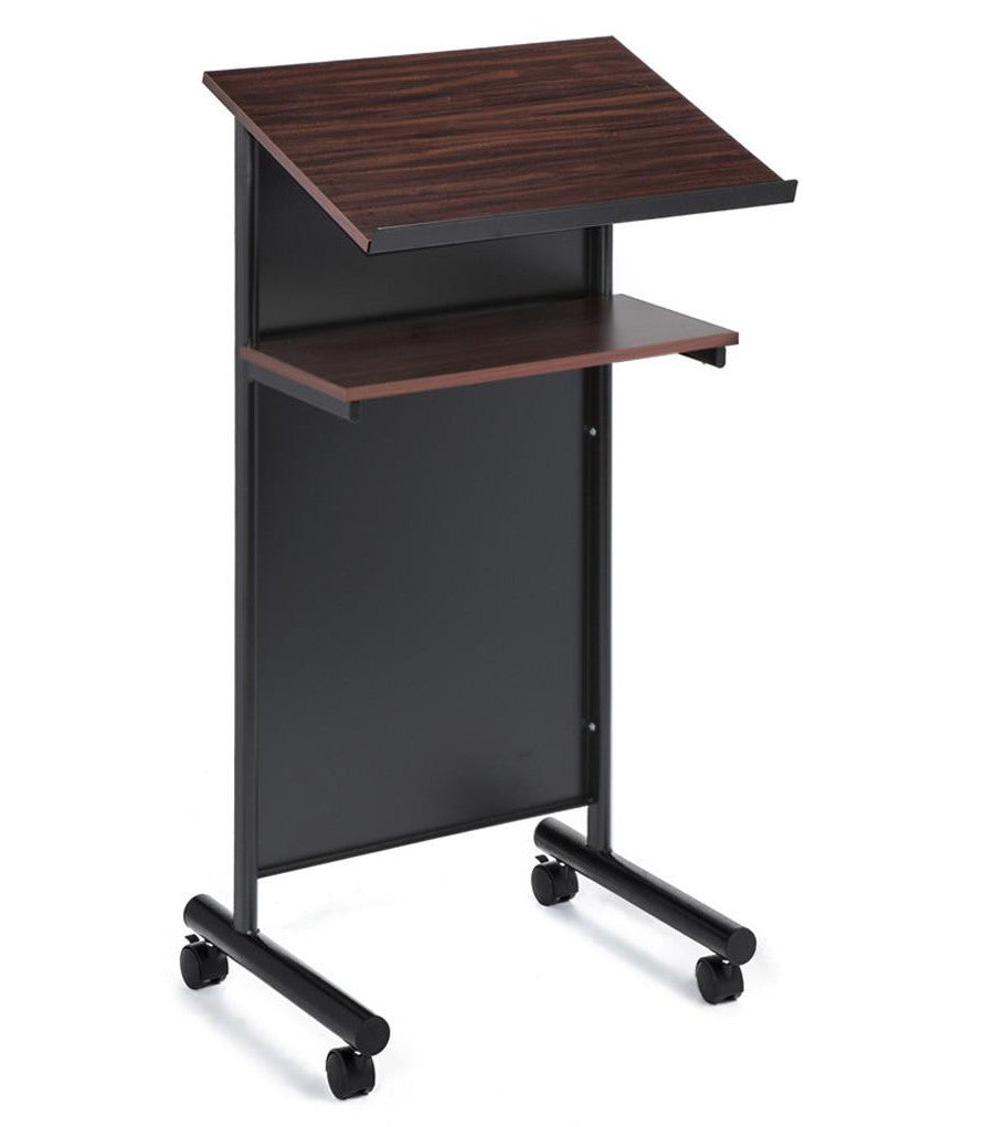 Wheeled Lectern with Storage Shelf - Cherry/Black - Compact Standing Desk for Reading - Laptop Stand