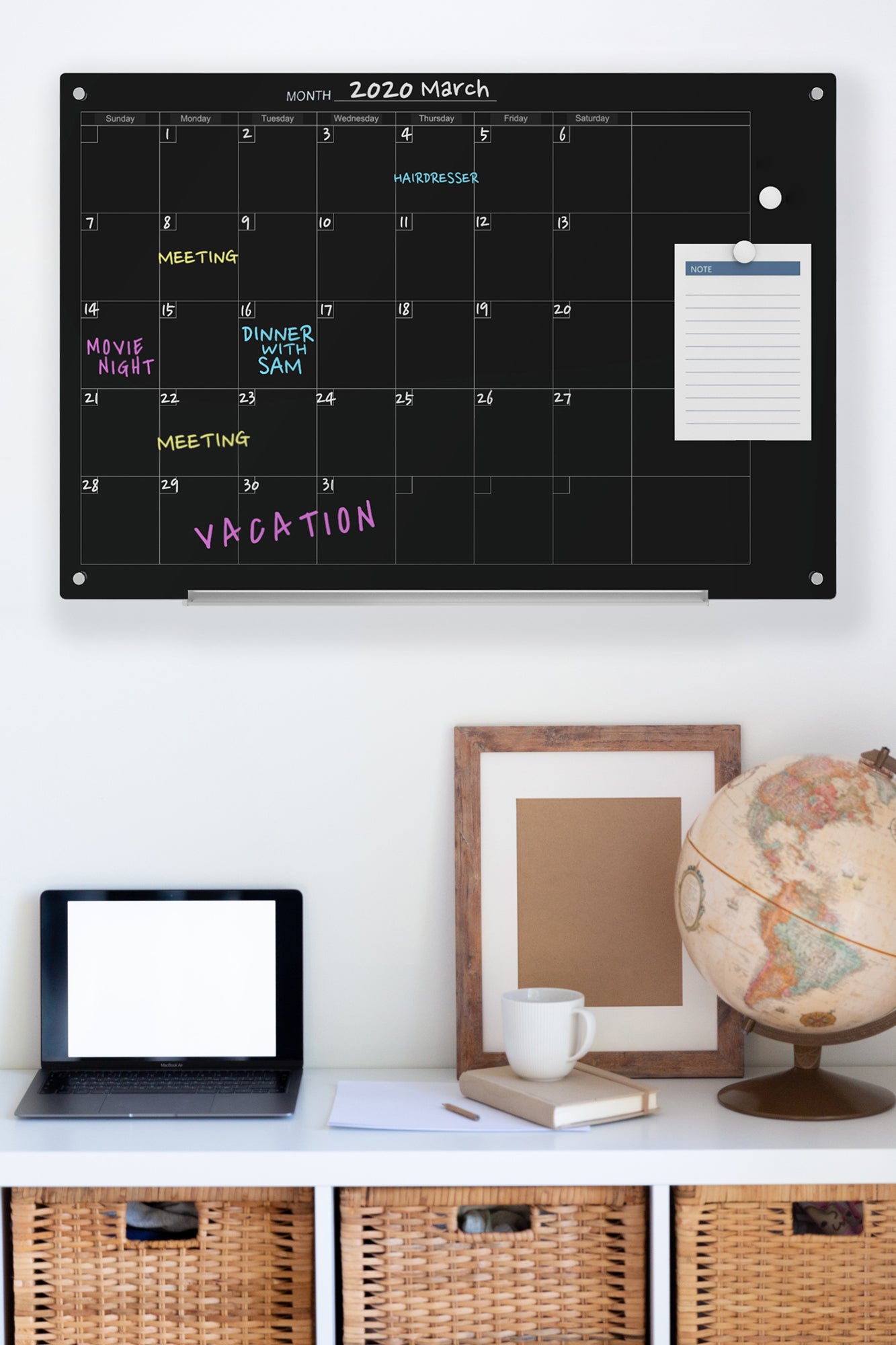 Audio-Visual Direct Wall Mounted Magnetic Black 30 Day Monthly Calendar Glass Dry-Erase Board Set.
