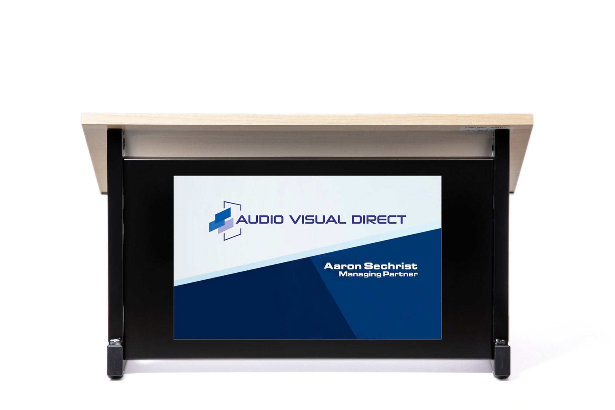 Audio-Visual Direct Tabletop Lectern for online zoom presentations with Magnetic Logo Attached to Front.