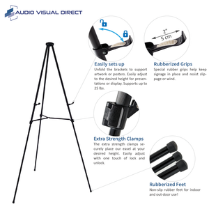 Info Graphic showing the adjustable art easels, rubberized grips, and extra strength clamps.