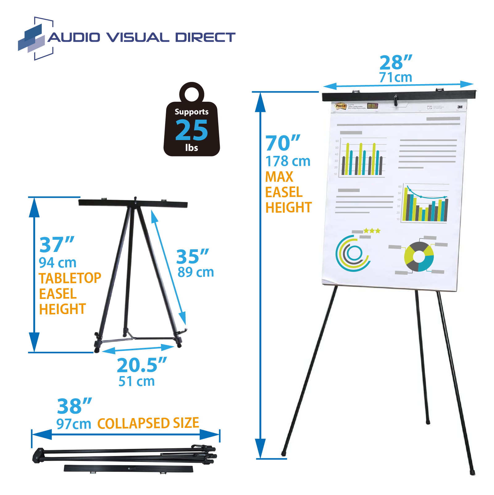 Info Graphic for our presentation easel. Shows the height from 37" to 70". Also shows it can support up to 25 lbs.