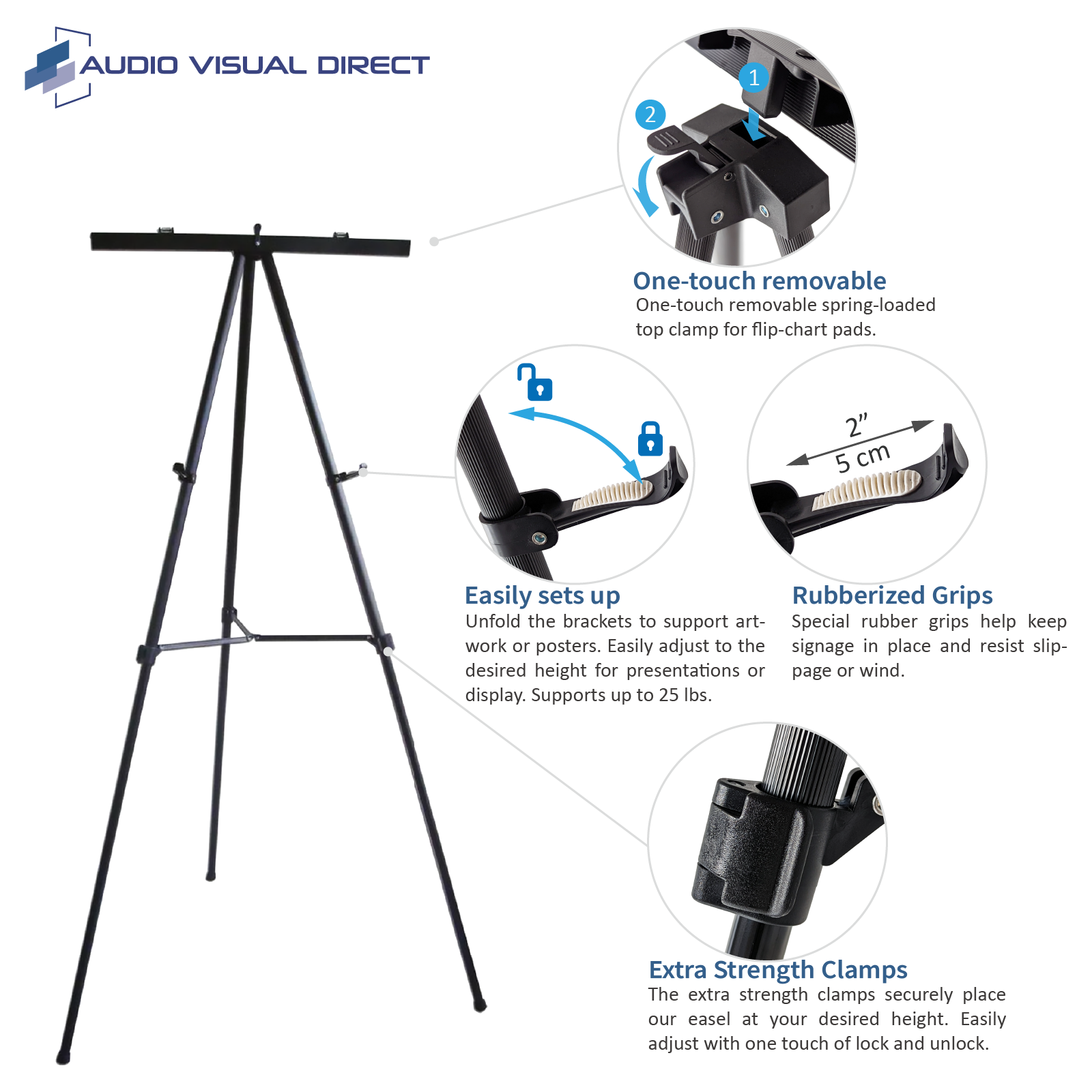 Info Graphic showing the one touch removable pad holder, adjustable art easels, rubberized grips, and extra strength clamps for a presentation easel.