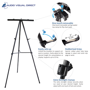 Info Graphic showing the one touch removable pad holder, adjustable art easels, rubberized grips, and extra strength clamps for a presentation easel.