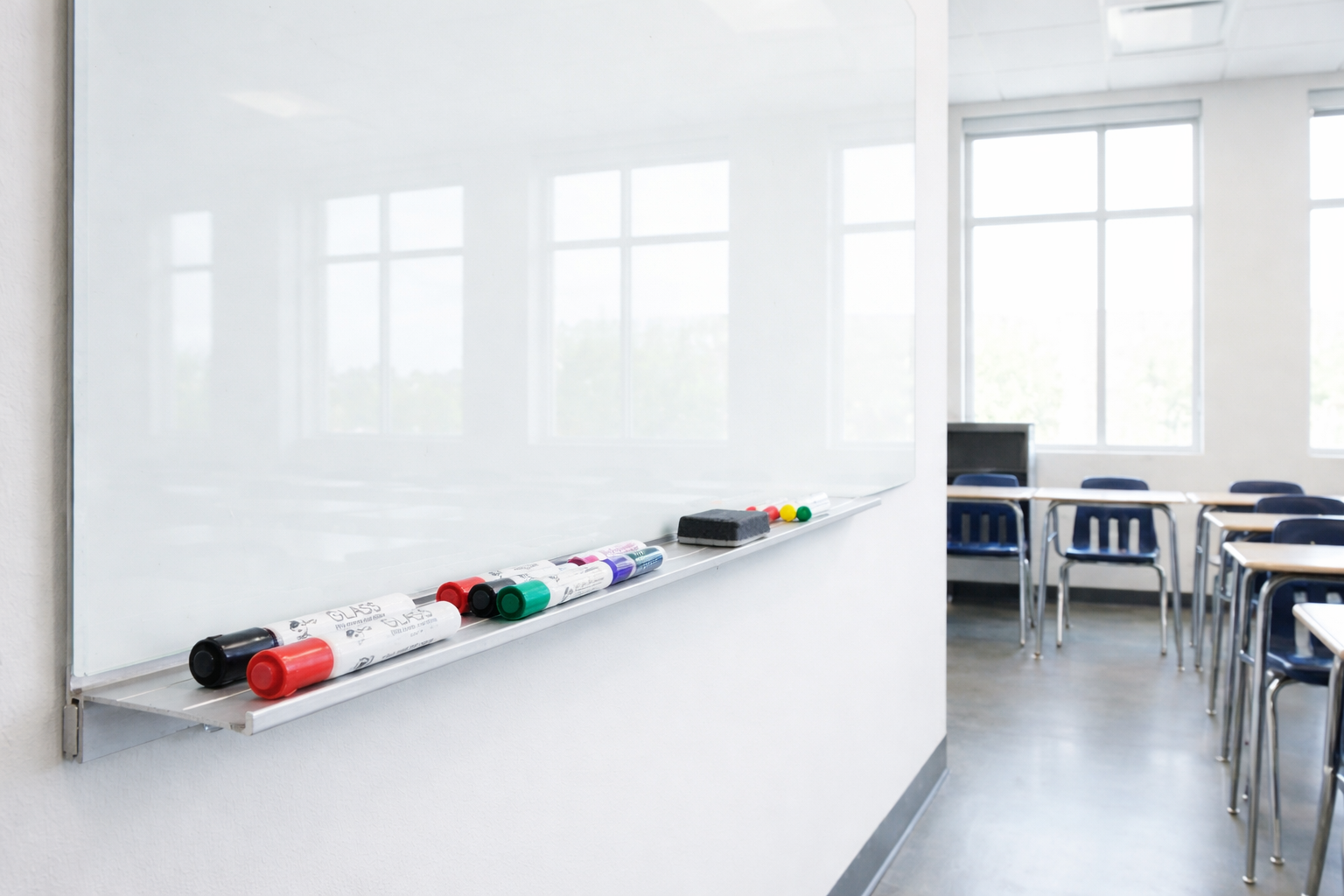 magnetic marker tray attached to glass dry erase board