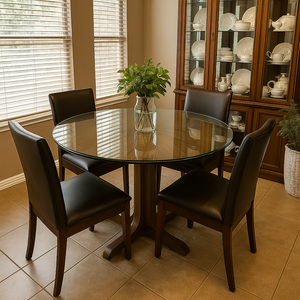 Audio-Visual Direct glass top sitting on top of a dinning table in a kitchen. 