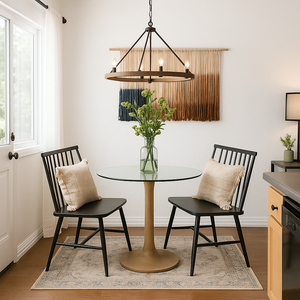 Audio-Visual Direct glass top sitting on top of a dinning table in a kitchen. 