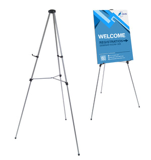 Silver telescoping easel holding a sign. 