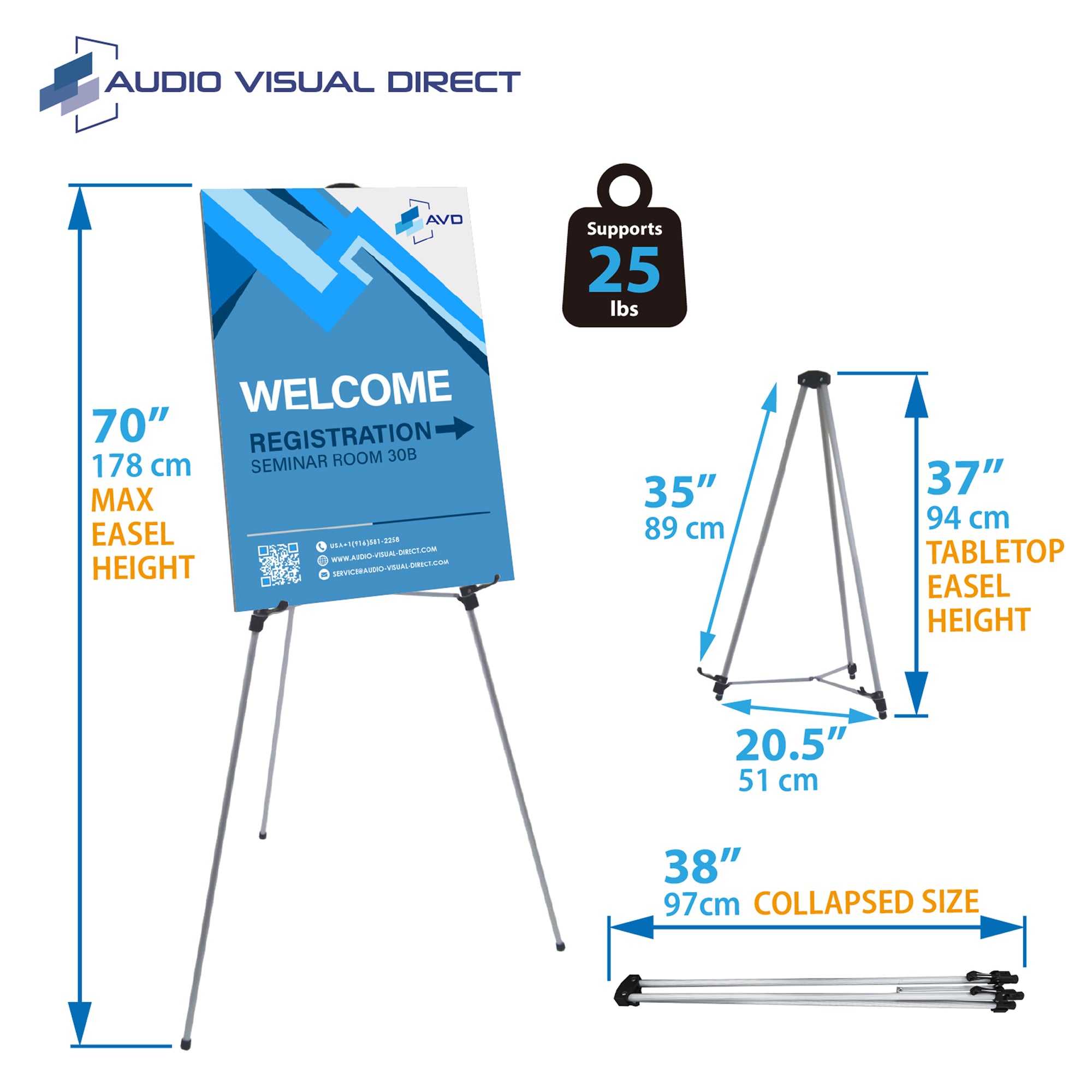 Infographic of our easel showing the weight capacity. Max height of 70 inches and collapsed size of 38 inches. 