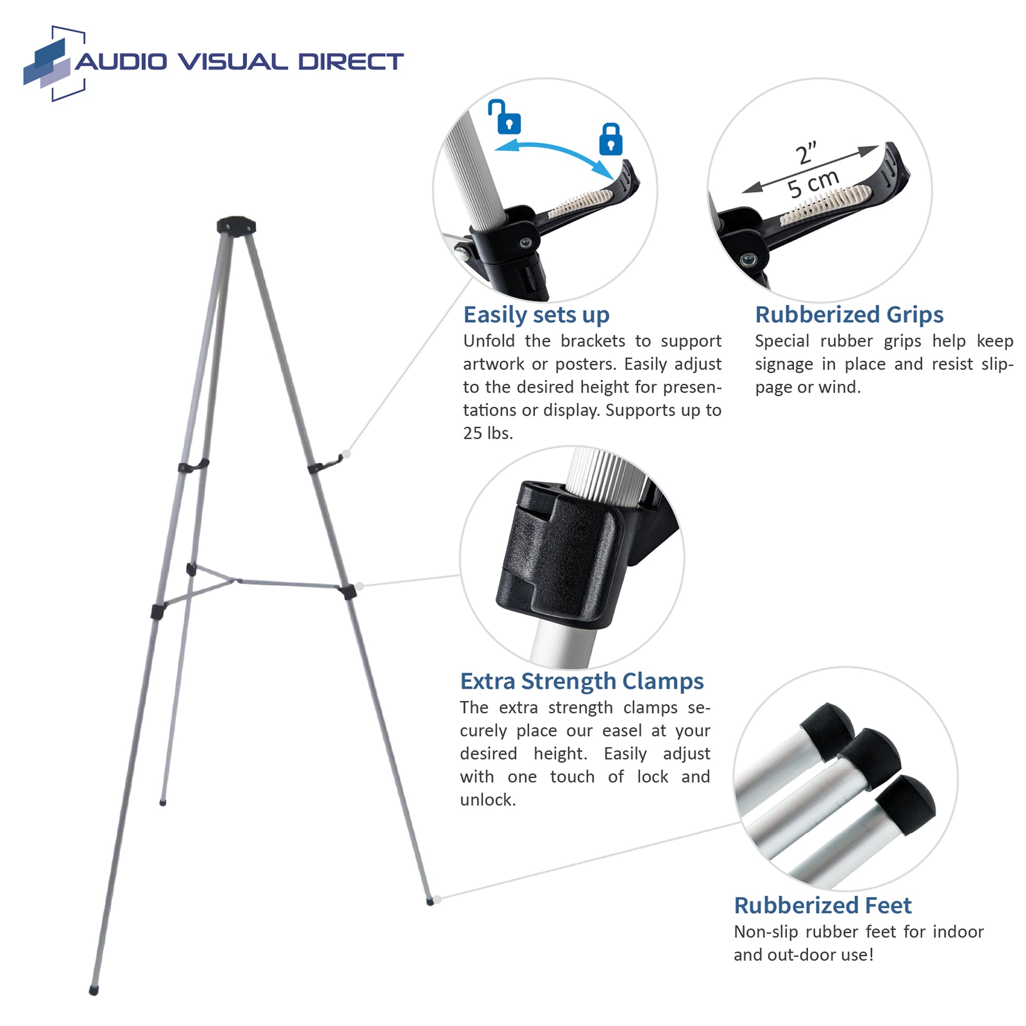 Infographic of our silver display easel. Shows rubberized grips , extra strength clamps, and grip feet. 
