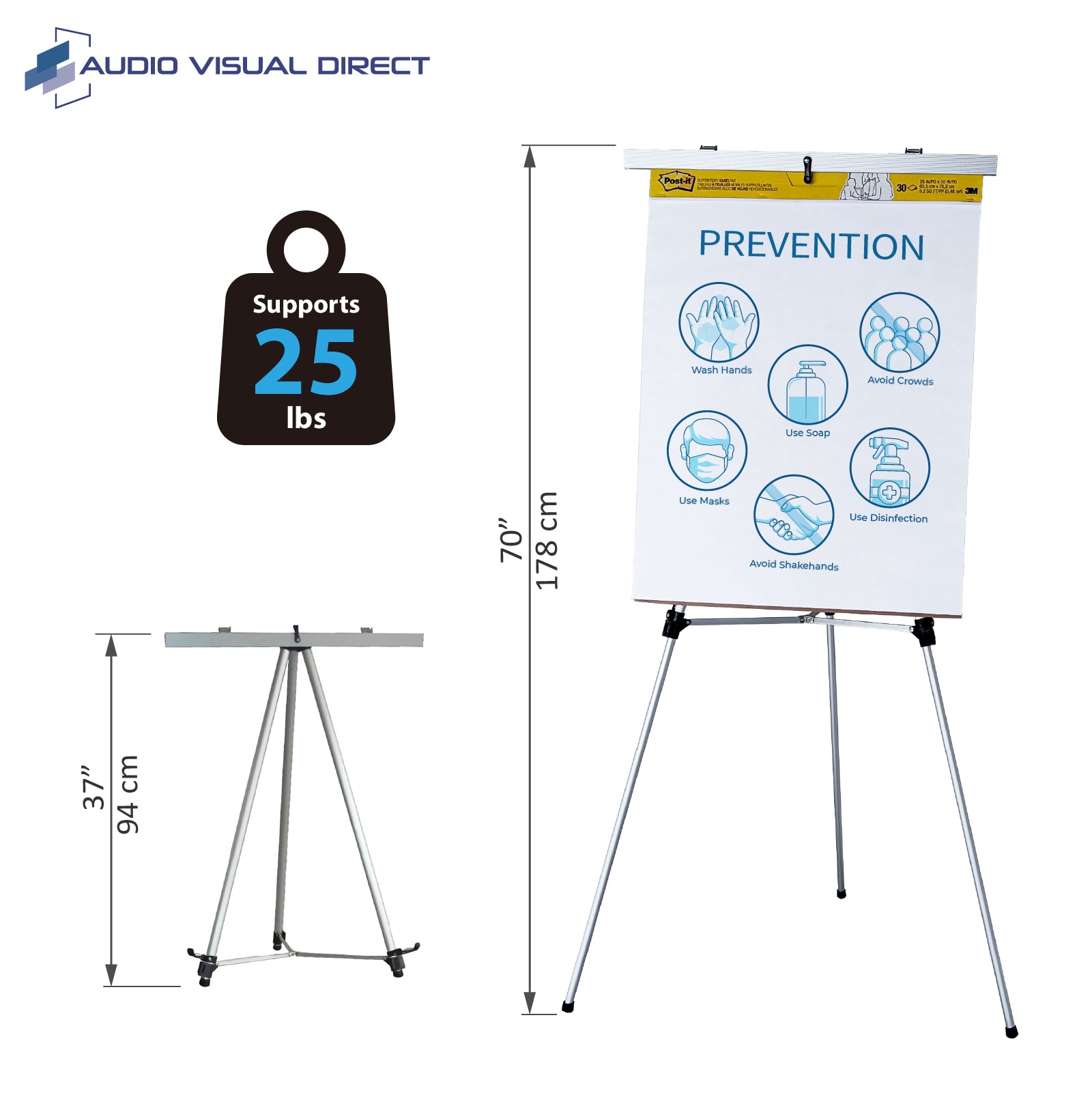Info Graphic for our presentation easel. Shows the height from 37" to 70". Also shows it can support up to 25 lbs.