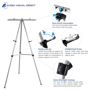 Info Graphic showing the one touch removable pad holder, adjustable art easels, rubberized grips, and extra strength clamps.