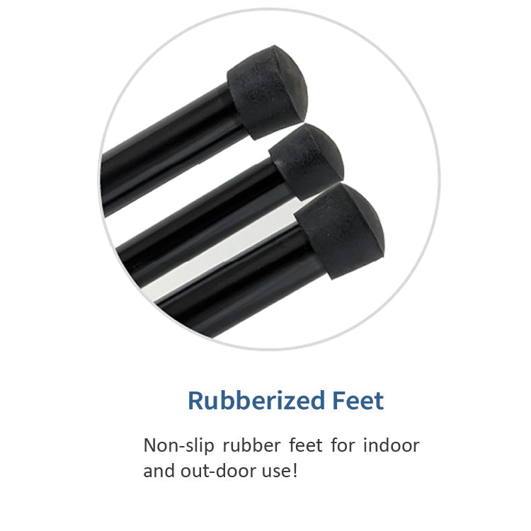 Three black rubberized feet with text on a white background