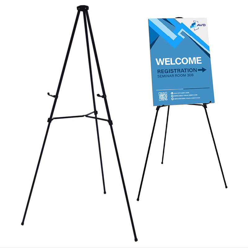 Two Black Presentation Easels. One is holding a promotion sign to display.