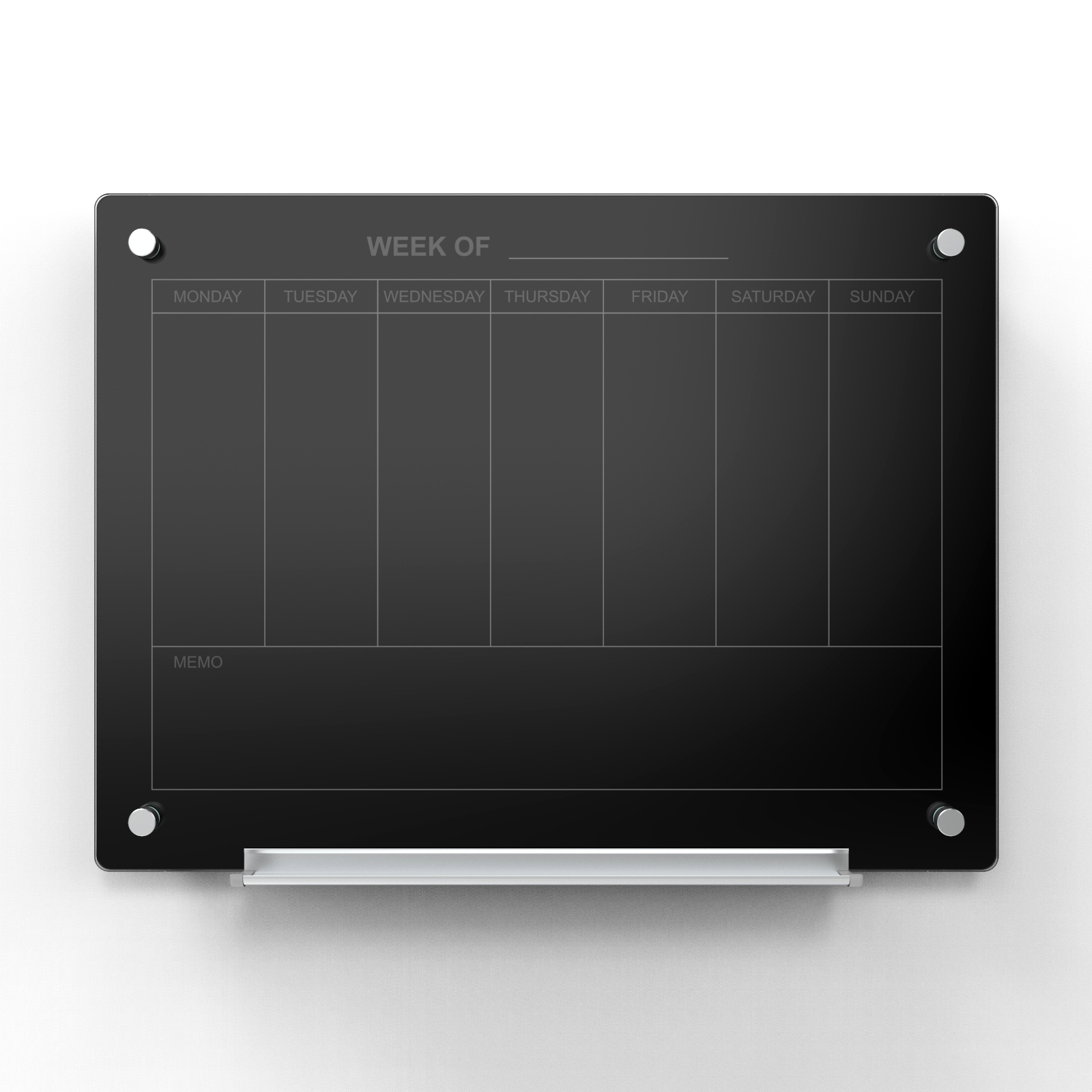 Audio-Visual Direct Magnetic Black Weekly Calendar Dry- Erase Board Set with hardware and marker tray. 