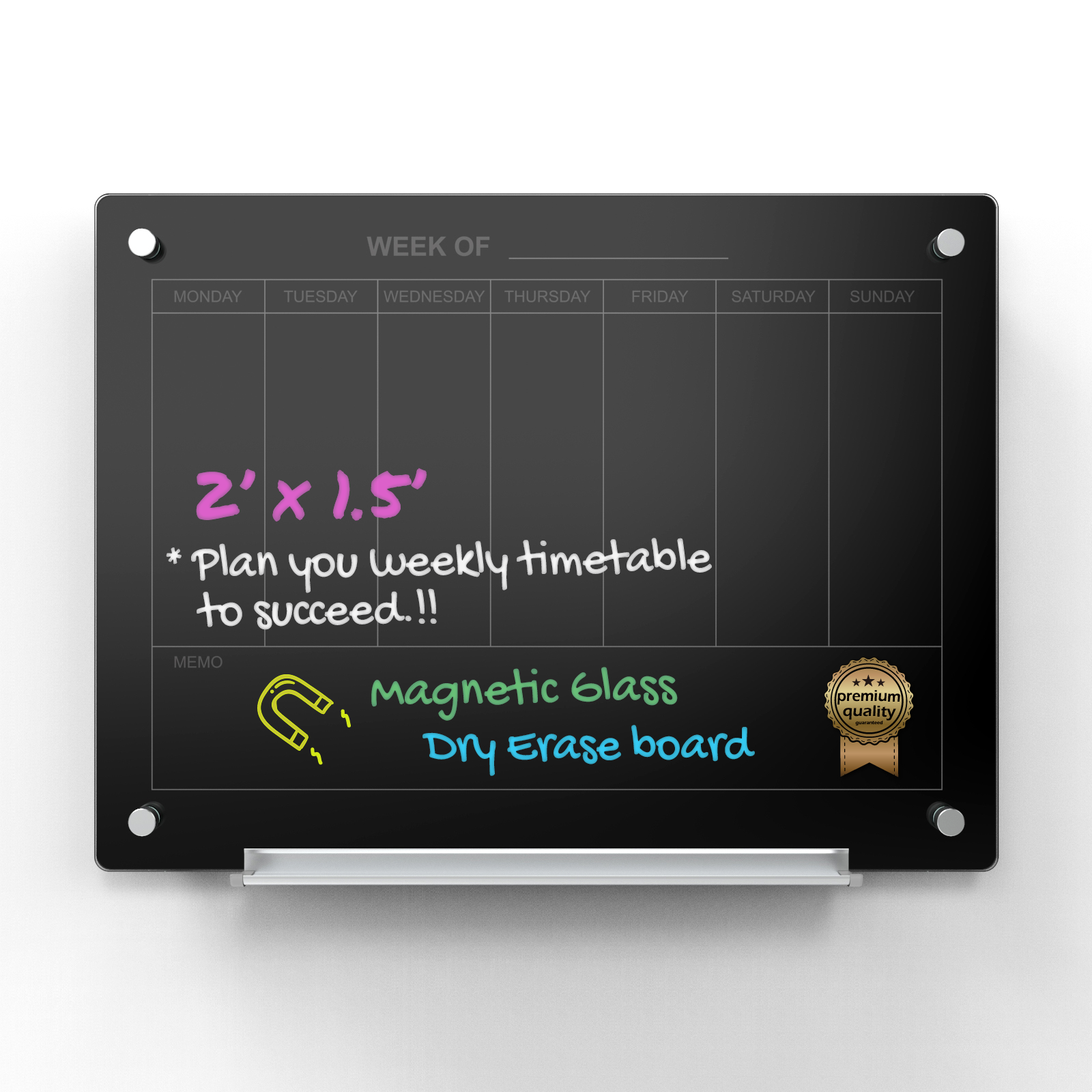 Audio-Visual Direct Magnetic Black Weekly Calendar Dry- Erase Board Set with hardware and marker tray. 