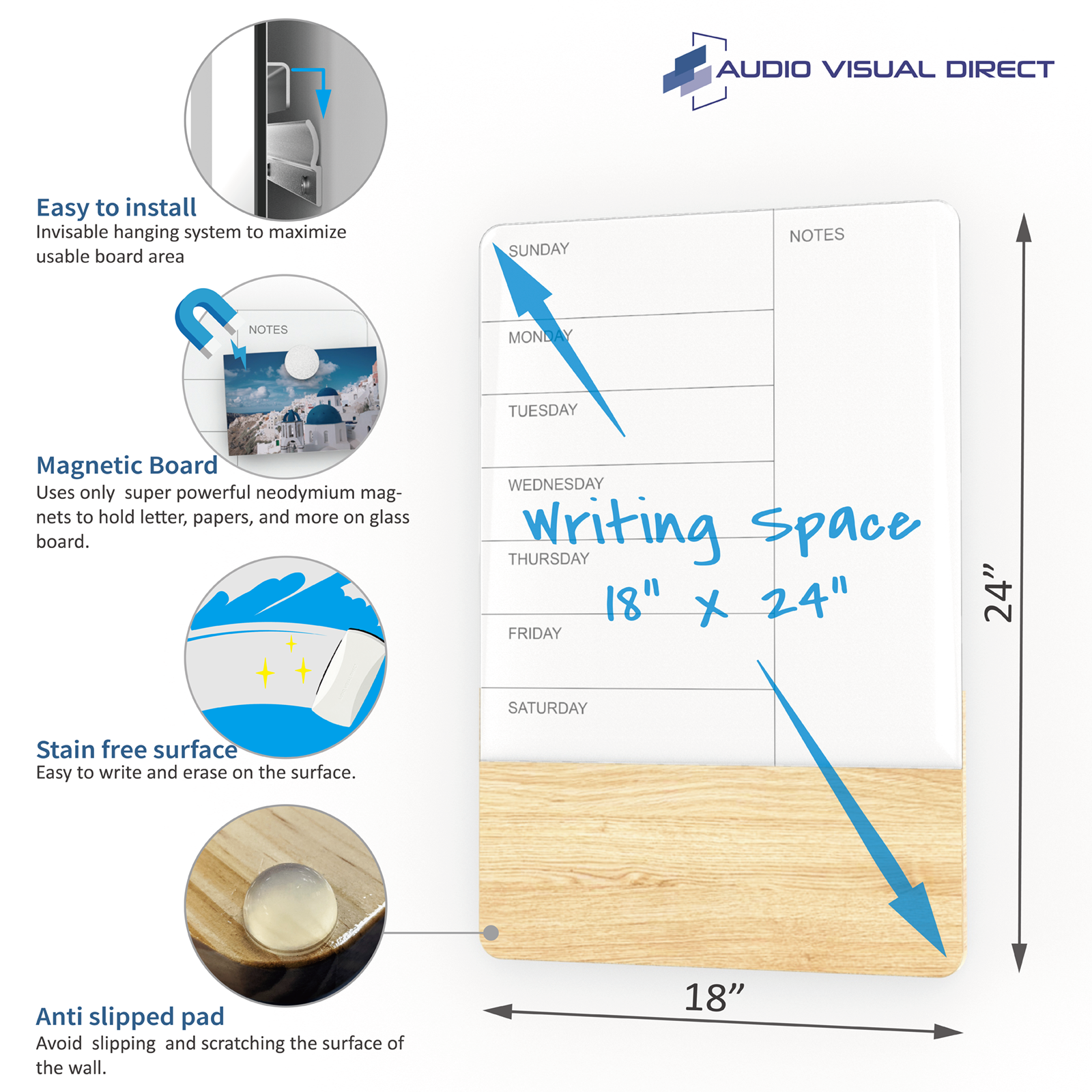 Audio-Visual Direct Wall Mounted Weekly Planner Glass & Wood Dry-Erase Board