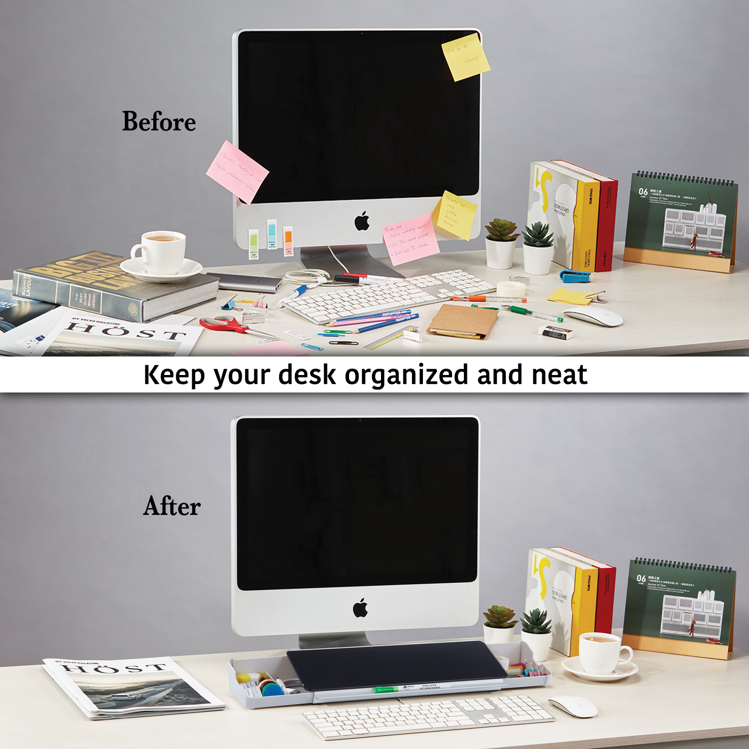 Audio-Visual Direct Black Glass Dry Erase - Desktop Organizer & Storage Notepad, Whiteboard organizing  and decluttering a desktop. Sits under monitor. 