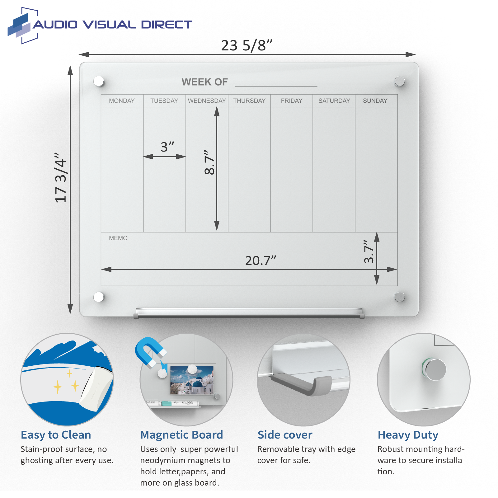 Audio-Visual Direct Magnetic White Weekly Calendar Dry- Erase Board Set  with measurements 17 3/4" x 23 5/8"