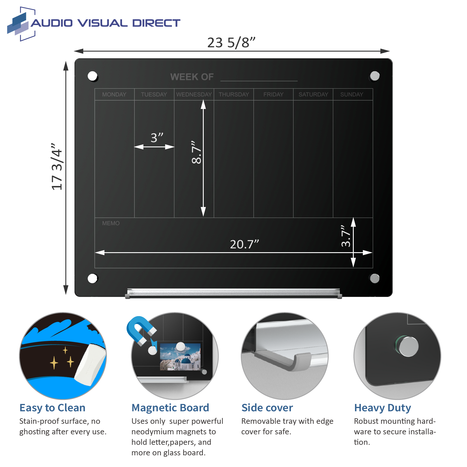 Audio-Visual Direct Magnetic Black Weekly Calendar Dry- Erase Board infographic. Measures 17 3/4" x 23 5/8"