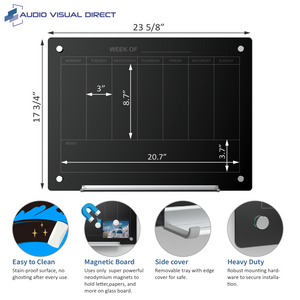Audio-Visual Direct Magnetic Black Weekly Calendar Dry- Erase Board infographic. Measures 17 3/4" x 23 5/8"