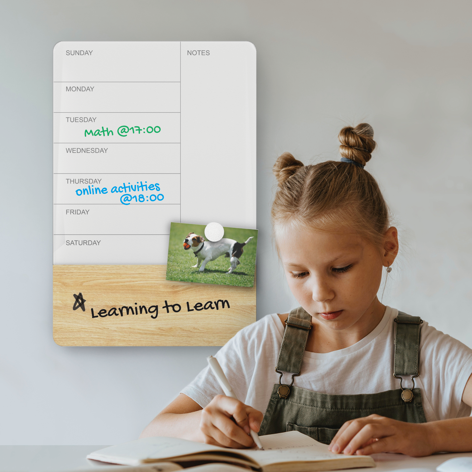 Wall mounted planner on the wall behind a kid studying. 