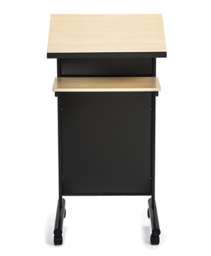 Wheeled Lectern with Storage Shelf - Beech/Black - Compact Standing Desk for Reading - Laptop Stand. Locking Wheels. 