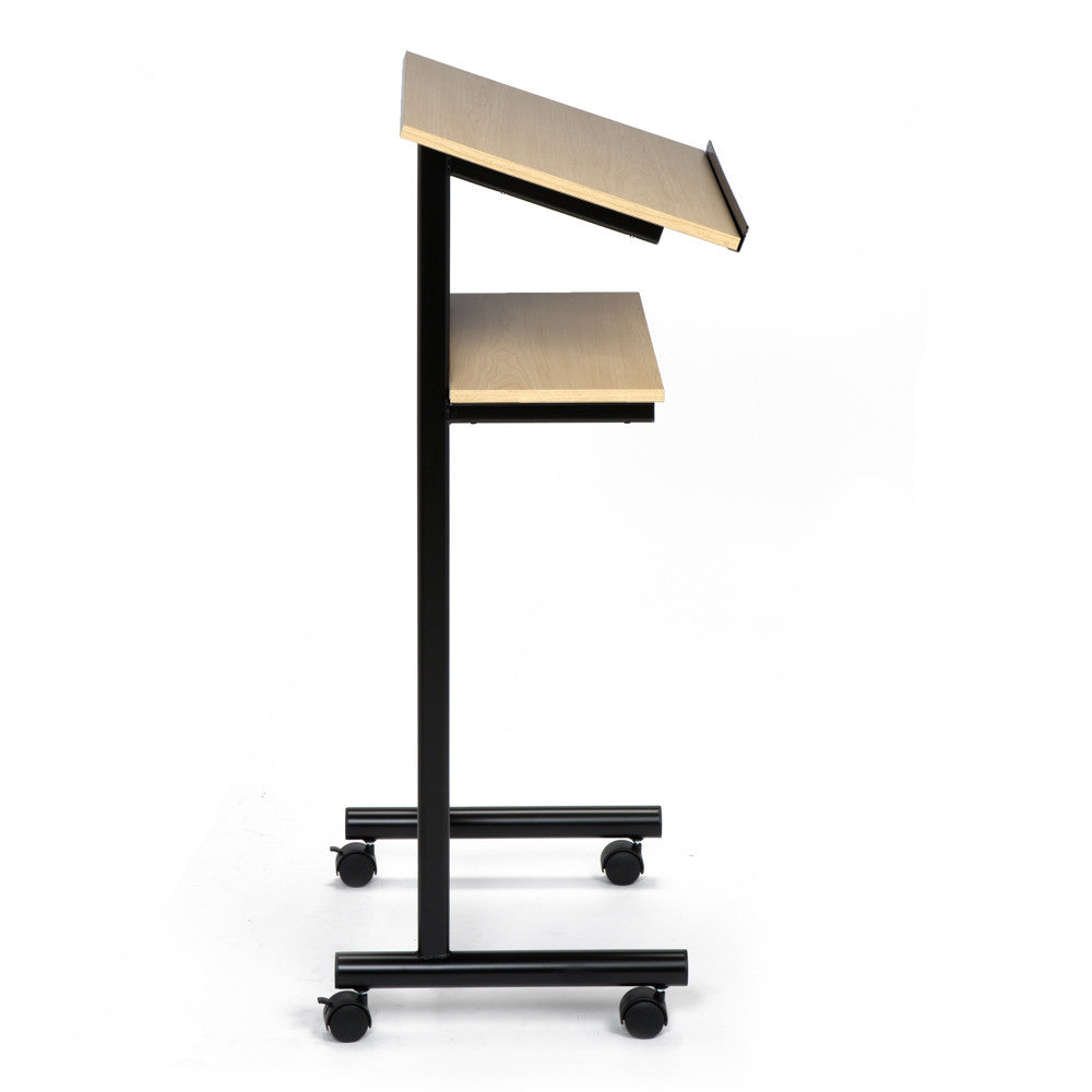 Wheeled Lectern with Storage Shelf - Beech/Black - Compact Standing Desk for Reading - Laptop Stand