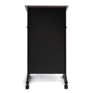 Wheeled Lectern with Storage Shelf - Cherry/Black - Compact Standing Desk for Reading - Laptop Stand. Black metal back being displayed. 