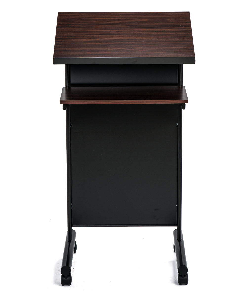 Wheeled Lectern with Storage Shelf - Cherry/Black - Compact Standing Desk for Reading - Laptop Stand. 2 Shelves with locking wheels. 
