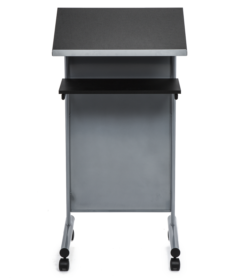 Audio-Visual Direct Wheeled Lectern with Storage Shelf - Silver/Black - Compact Standing Desk for Reading - Laptop Stand. Two tier shelves 