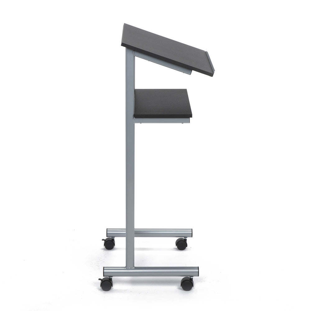 Audio-Visual Direct Wheeled Lectern with Storage Shelf - Silver/Black - Compact Standing Desk for Reading - Laptop Stand showing metal frame. 