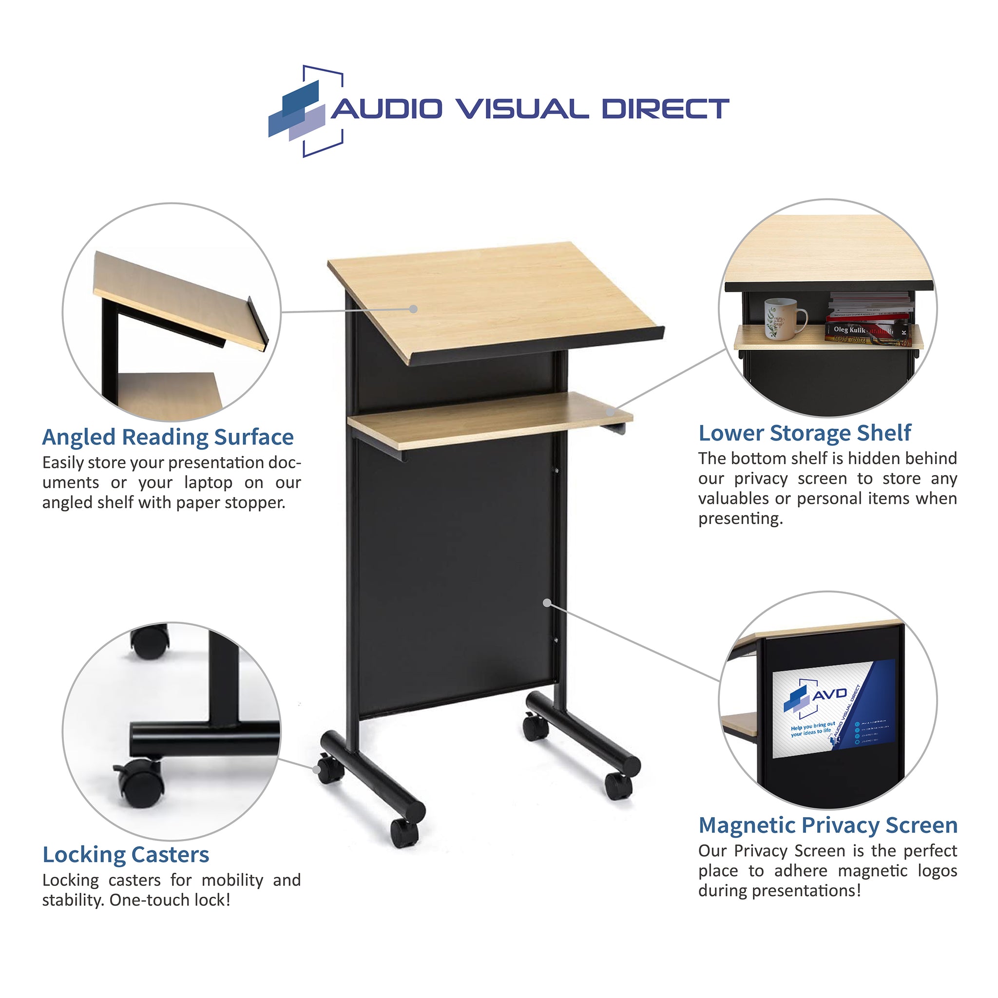 Wheeled Lectern with Storage Shelf | Portable Presentation Stand ...