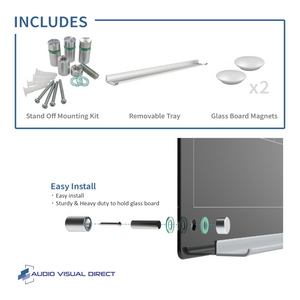 Weekly Planner includes stand off mounting kit, removable tray, and two glass board magnets. 