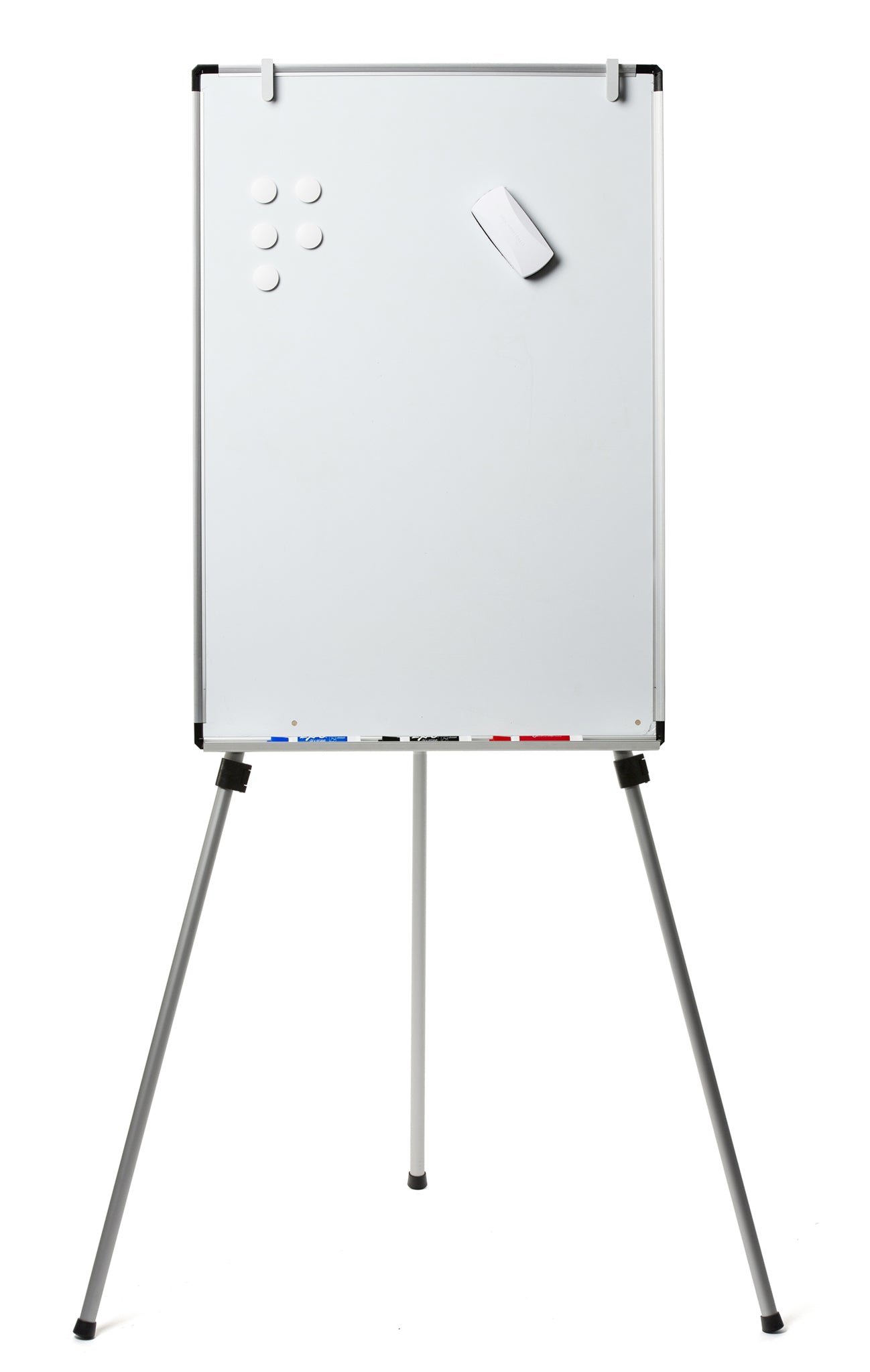 Free Standing White Board. 23" x 34". Shown fully extended with two pad holders on top of frame. 