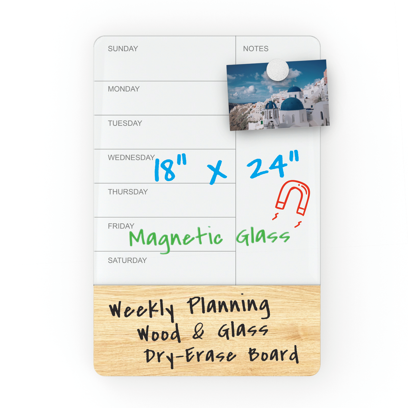 Audio-Visual Direct Wall Mounted Wood and Glass Dry Erase Board Planner. 