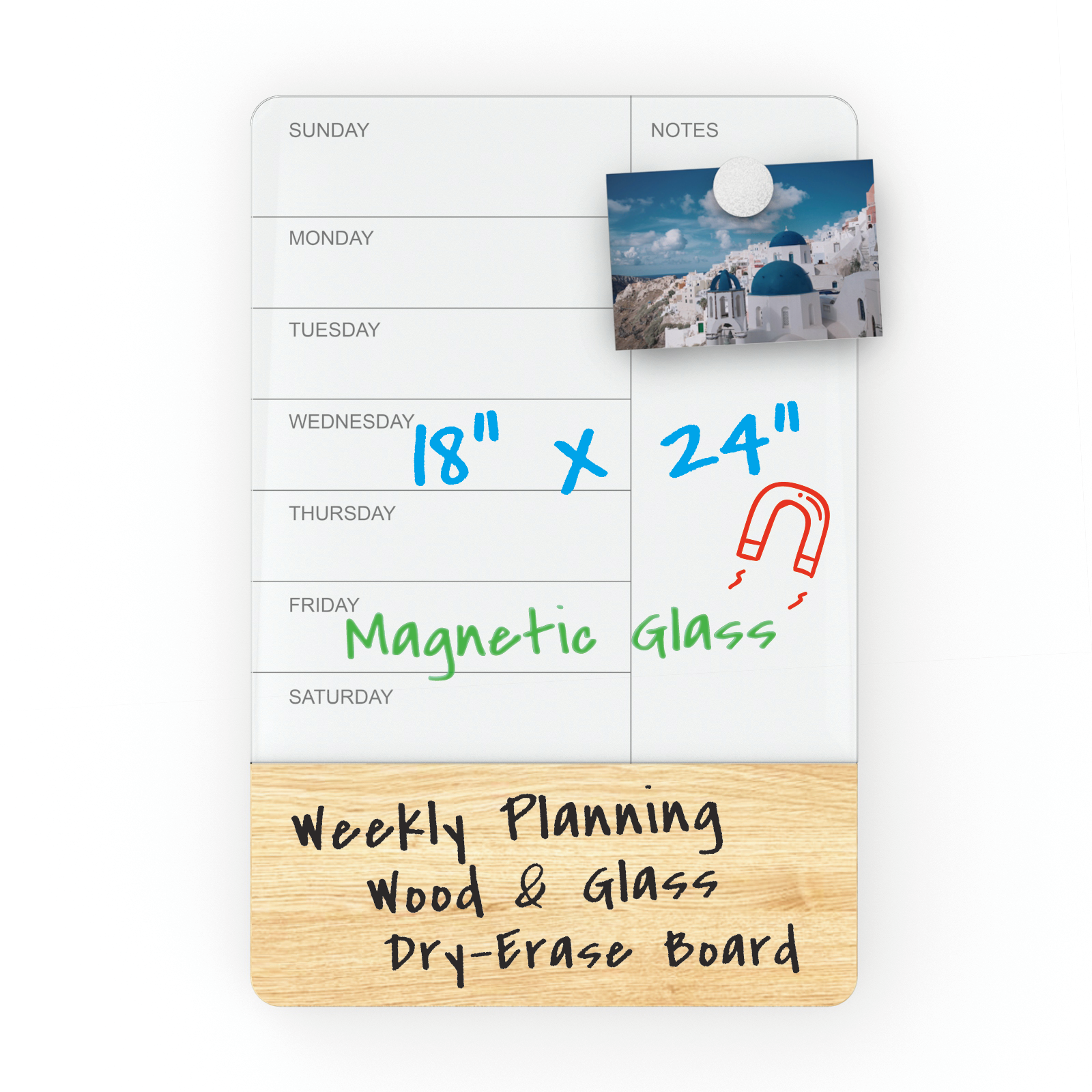 Audio-Visual Direct Wall Mounted Weekly Planner Glass & Wood Dry-Erase Board