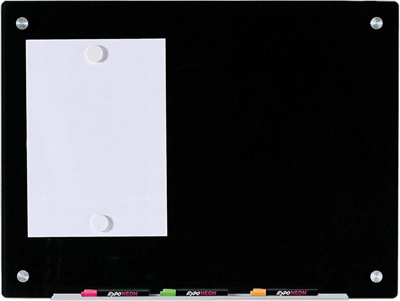 Magnetic Black Glass Dry-Erase Board Set - Includes Board, Magnets, and Marker Tray.. 18" x 24"  Includes 2 Neodymium Magnets. 