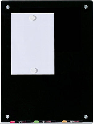 Magnetic Black Glass Dry-Erase Board Set - Includes Board, Magnets, and Marker Tray.  Includes 2 Neodymium Magnets. 
